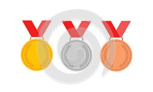 Gold, silver and bronze Victory Award Medals with red ribbon for sports apps and websites