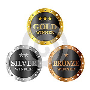 Gold, silver and bronze winner medals