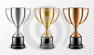 Gold silver and bronze winners cups. Shiny champion trophy, ceremony awarding metallic sport prize. Vector set