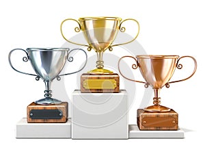 Gold, silver and bronze winners trophy cups. 3D render