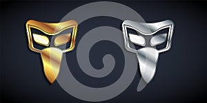 Gold and silver Carnival mask icon isolated on black background. Masquerade party mask. Long shadow style. Vector