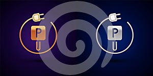 Gold and silver Charging parking electric car icon isolated on black background. Vector