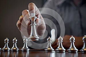 Gold and silver chess with player, Intelligent businessman playing chess game competition to planning business strategic to photo