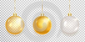 Gold and silver christmas ball set. Xmas golden decoration. 3d luxury bauble design element. Clear glass hang toy decor