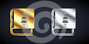Gold and silver Christmas book cover or flyer template icon isolated on black background. Merry Christmas and Happy New