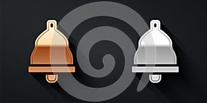 Gold and silver Church bell icon isolated on black background. Alarm symbol, service bell, handbell sign, notification