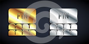 Gold and silver Cinema auditorium with screen icon isolated on black background. Long shadow style. Vector