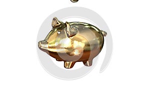 Gold and silver coins falling into a golden piggy Bank. 3D animation