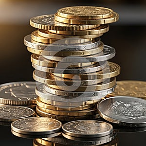 Of gold and silver coins are piled on a reflective surface creating a