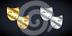 Gold and silver Comedy and tragedy theatrical masks icon isolated on black background. Long shadow style. Vector