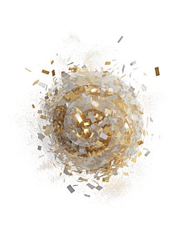 Gold and silver confetti explosion with glitter particles against white background image