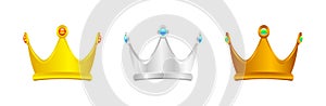 Gold silver and copper crown isolated on white, luxury crown for icon, vintage crown luxury for ornament royal king or queen,