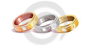 Gold, silver and copper ring flat cartoon isolated on white background. Vector illustration