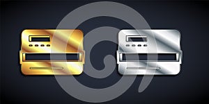 Gold and silver Credit card icon isolated on black background. Online payment. Cash withdrawal. Financial operations