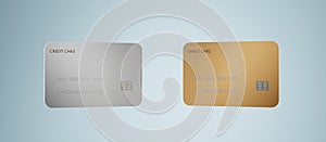 Gold and silver credit card mockup in perspective angle view. Plastic blank template with chip, payment financial tool