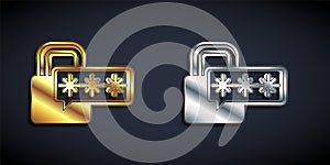 Gold and silver Cyber security icon isolated on black background. Closed padlock on digital circuit board. Safety