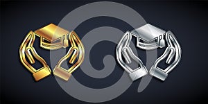 Gold and silver Education grant icon isolated on black background. Tuition fee, financial education, budget fund