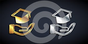 Gold and silver Education grant icon isolated on black background. Tuition fee, financial education, budget fund