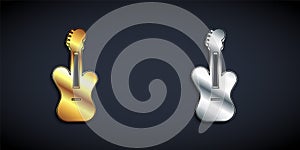 Gold and silver Electric bass guitar icon isolated on black background. Long shadow style. Vector