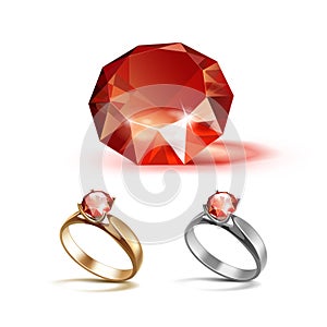 Gold and Silver Engagement Rings with Red Shiny Clear Diamond photo