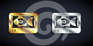 Gold and silver Fish finder echo sounder icon isolated on black background. Electronic equipment for fishing. Long