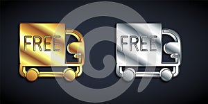 Gold and silver Free delivery service icon isolated on black background. Free shipping. 24 hour and fast delivery. Long