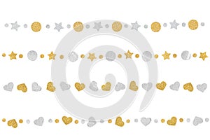 Gold and silver glitter bunting paper cut on white background