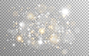 Gold and silver glitter on transparent background. White magic lights and stardust. Golden particles with stars. Luxury