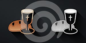 Gold and silver Goblet and bread icon isolated on black background. Bread and wine cup. Holy communion sign. Long shadow