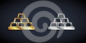 Gold and silver Gold bars icon isolated on black background. Banking business concept. Long shadow style. Vector