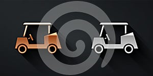 Gold and silver Golf car icon isolated on black background. Golf cart. Long shadow style. Vector