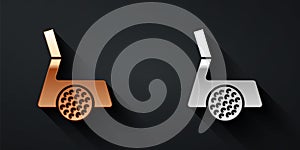 Gold and silver Golf club with ball icon isolated on black background. Long shadow style. Vector
