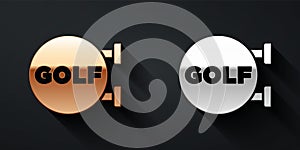 Gold and silver Golf sport club icon isolated on black background. Long shadow style. Vector