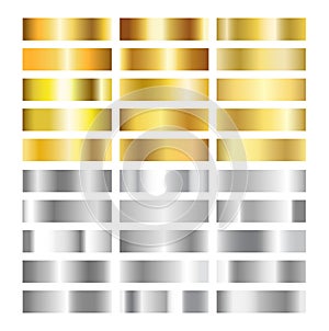 Gold and silver gradient texture collection. Golden and gray foil background set. Copper, brass, gray chrome metal