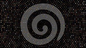 Gold and silver halftone black background. Vector golden glitter circle with dotted sparkles or halftone shine pattern texture