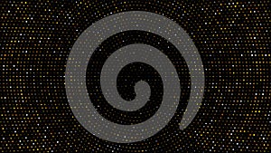 Gold and silver halftone black background. Vector golden glitter circle with dotted sparkles or halftone shine pattern texture