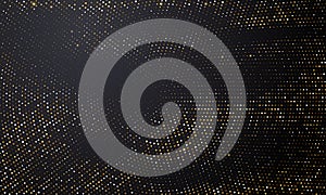 Gold and silver halftone black background. Vector golden glitter circle sparkles on halftone shine pattern texture
