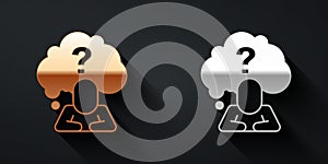 Gold and silver Human head with question mark icon isolated on black background. Long shadow style. Vector