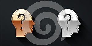 Gold and silver Human head with question mark icon isolated on black background. Long shadow style. Vector