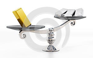 Gold and silver ingots standing on two sides of a scale. 3D illustration