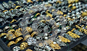 Gold and silver jewelry in store window display