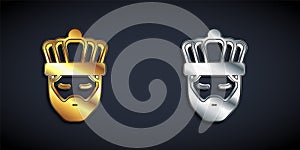 Gold and silver King with crown icon isolated on black background. Long shadow style. Vector