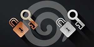 Gold and silver Lock with key icon isolated on black background. Love symbol and keyhole sign. Long shadow style. Vector