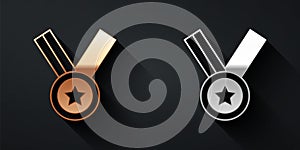 Gold and silver Medal icon isolated on black background. Winner achievement sign. Award medal. Long shadow style. Vector