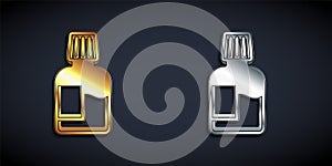 Gold and silver Mouthwash plastic bottle icon isolated on black background. Liquid for rinsing mouth. Oralcare equipment