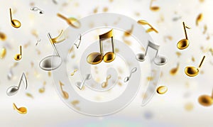 Gold and silver music notes falling on a light background
