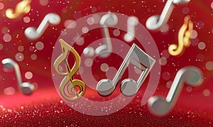 Gold silver music notes on red glitter background with bokeh