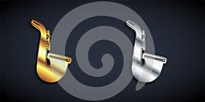 Gold and silver Musical instrument saxophone icon isolated on black background. Long shadow style. Vector