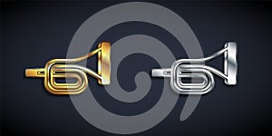 Gold and silver Musical instrument trumpet icon isolated on black background. Long shadow style. Vector