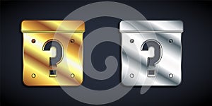 Gold and silver Mystery box or random loot box for games icon isolated on black background. Question mark. Unknown